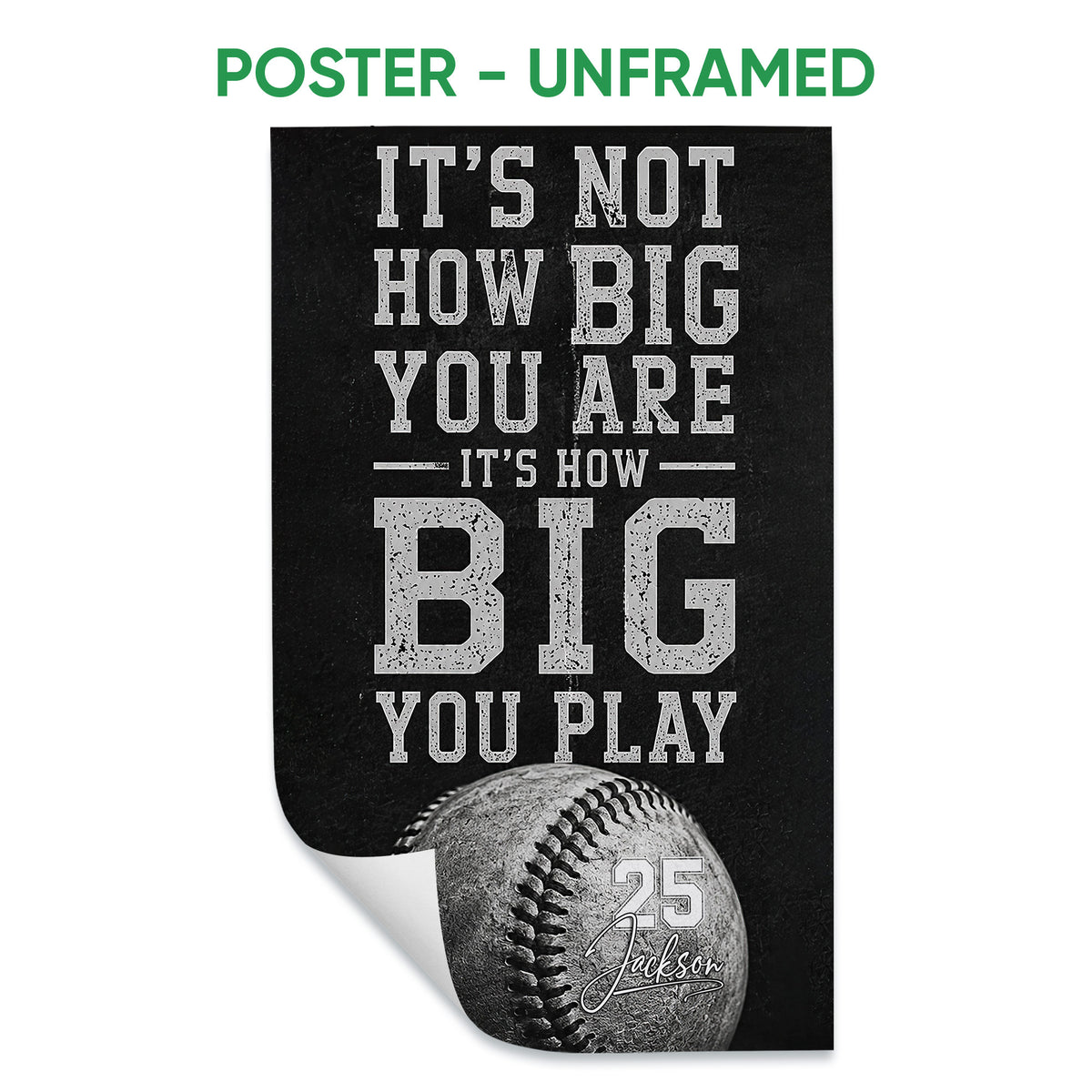 Unframed baseball poster featuring a black background, bold athletic lettering, and a detailed baseball graphic