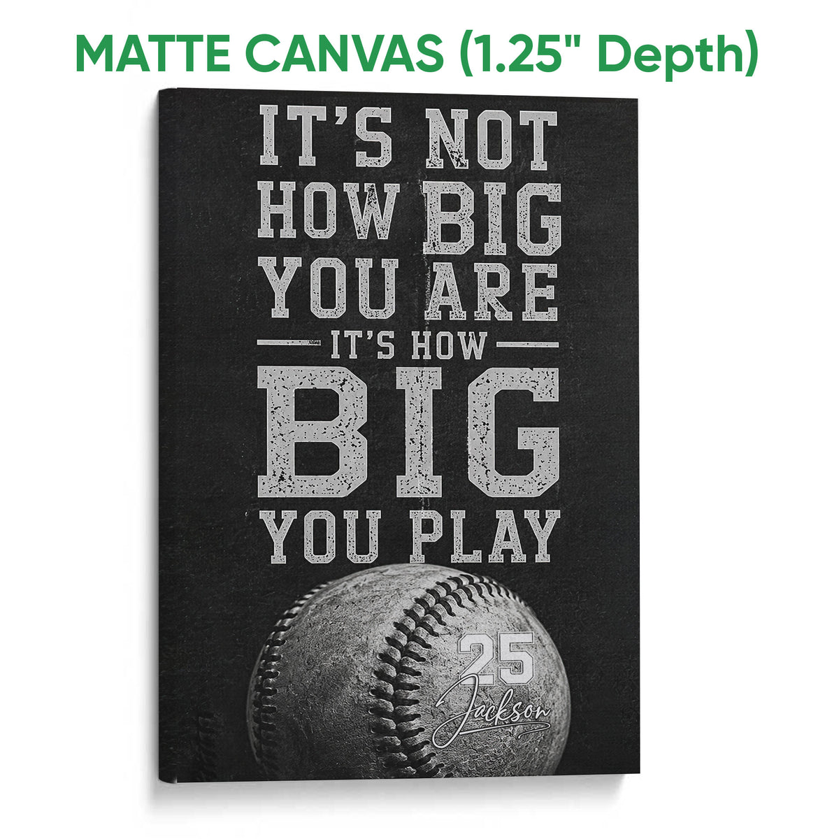Matte canvas baseball wall art with distressed varsity lettering and a monochrome baseball design