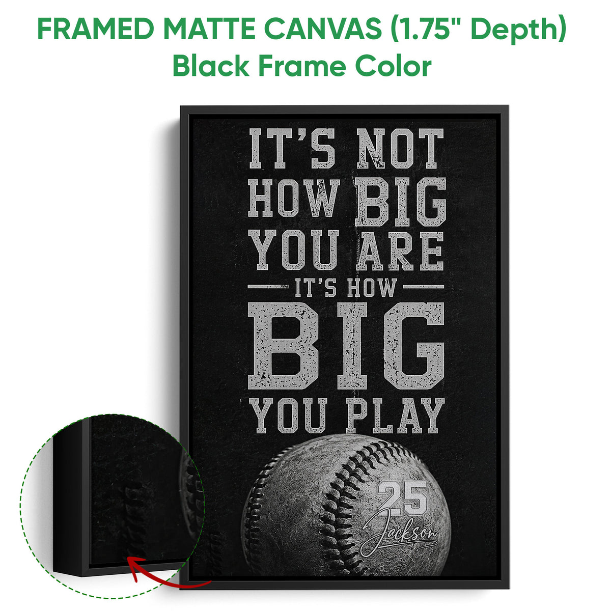 Black framed canvas baseball wall art with a bold monochrome sports design and detailed frame edge