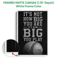 White framed canvas baseball wall art displaying bold athletic lettering and a detailed baseball graphic