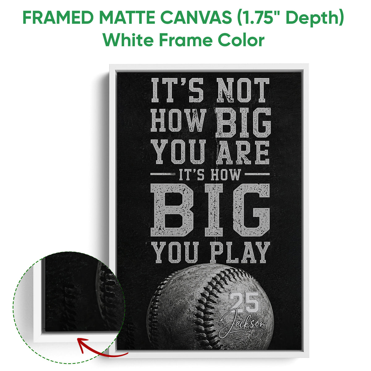 White framed canvas baseball wall art displaying bold athletic lettering and a detailed baseball graphic