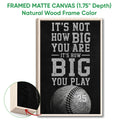 Natural wood framed baseball wall art with monochrome sports lettering and a baseball close-up