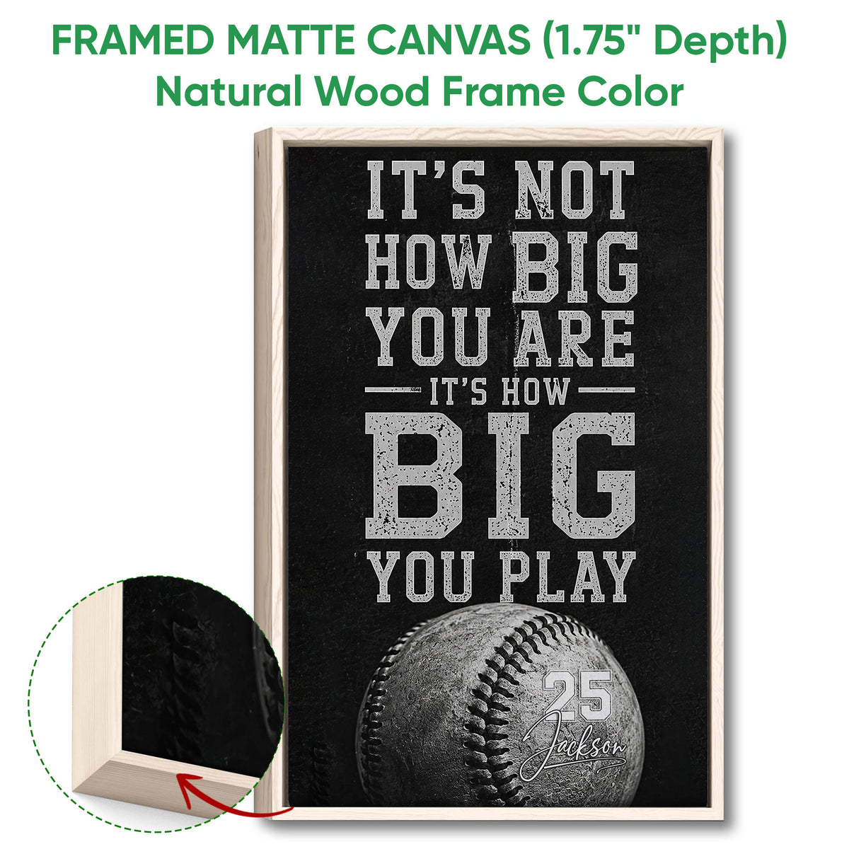 Natural wood framed baseball wall art with monochrome sports lettering and a baseball close-up