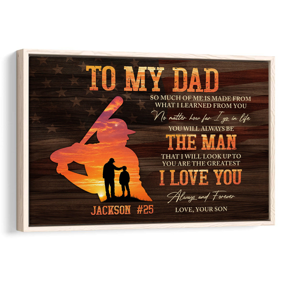 Baseball father and son wall art with batter silhouette, sunset scene, rustic American flag wood background and heartfelt dad quote