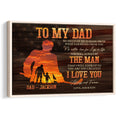 Framed hockey wall art with father and child silhouettes against a warm sunset woodgrain background