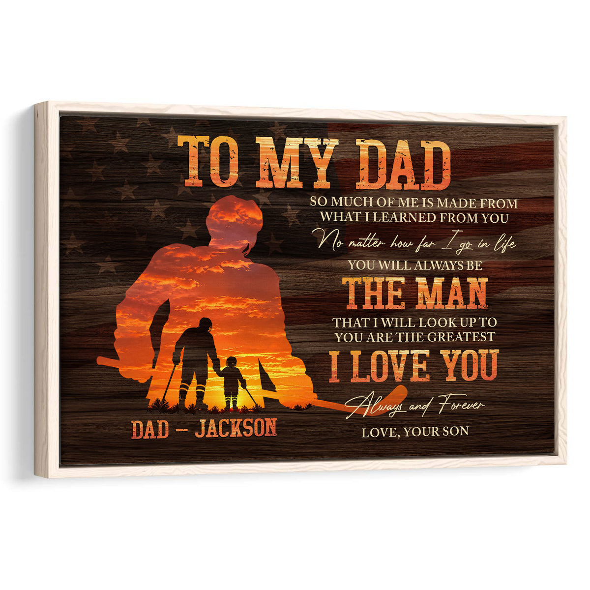 Framed hockey wall art with father and child silhouettes against a warm sunset woodgrain background