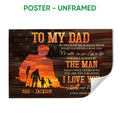 Unframed hockey poster with father and child silhouettes, sunset colors and rustic woodgrain styling