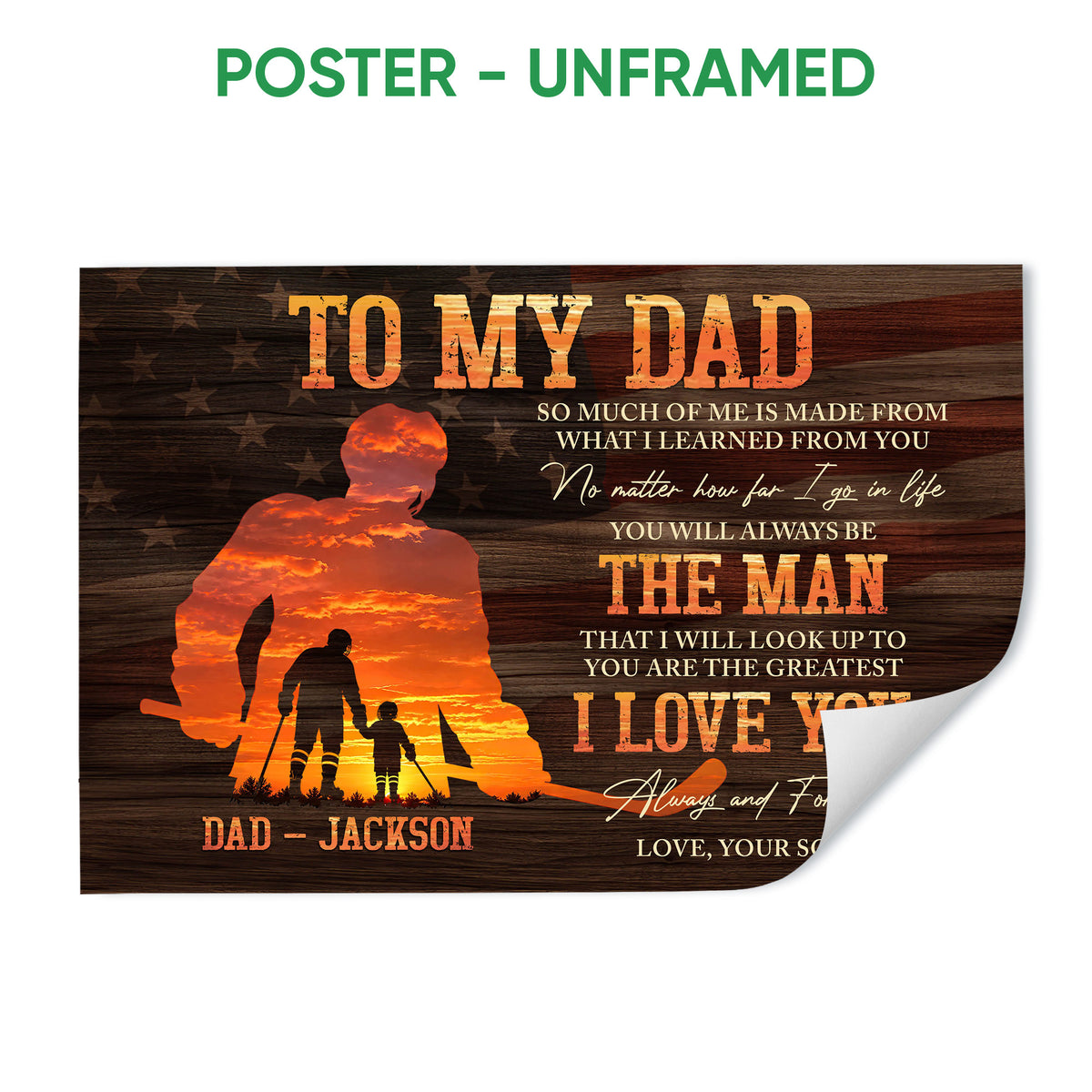 Unframed hockey poster with father and child silhouettes, sunset colors and rustic woodgrain styling