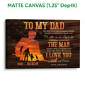 Matte canvas hockey wall art featuring a father and child silhouette in warm orange sunset tones