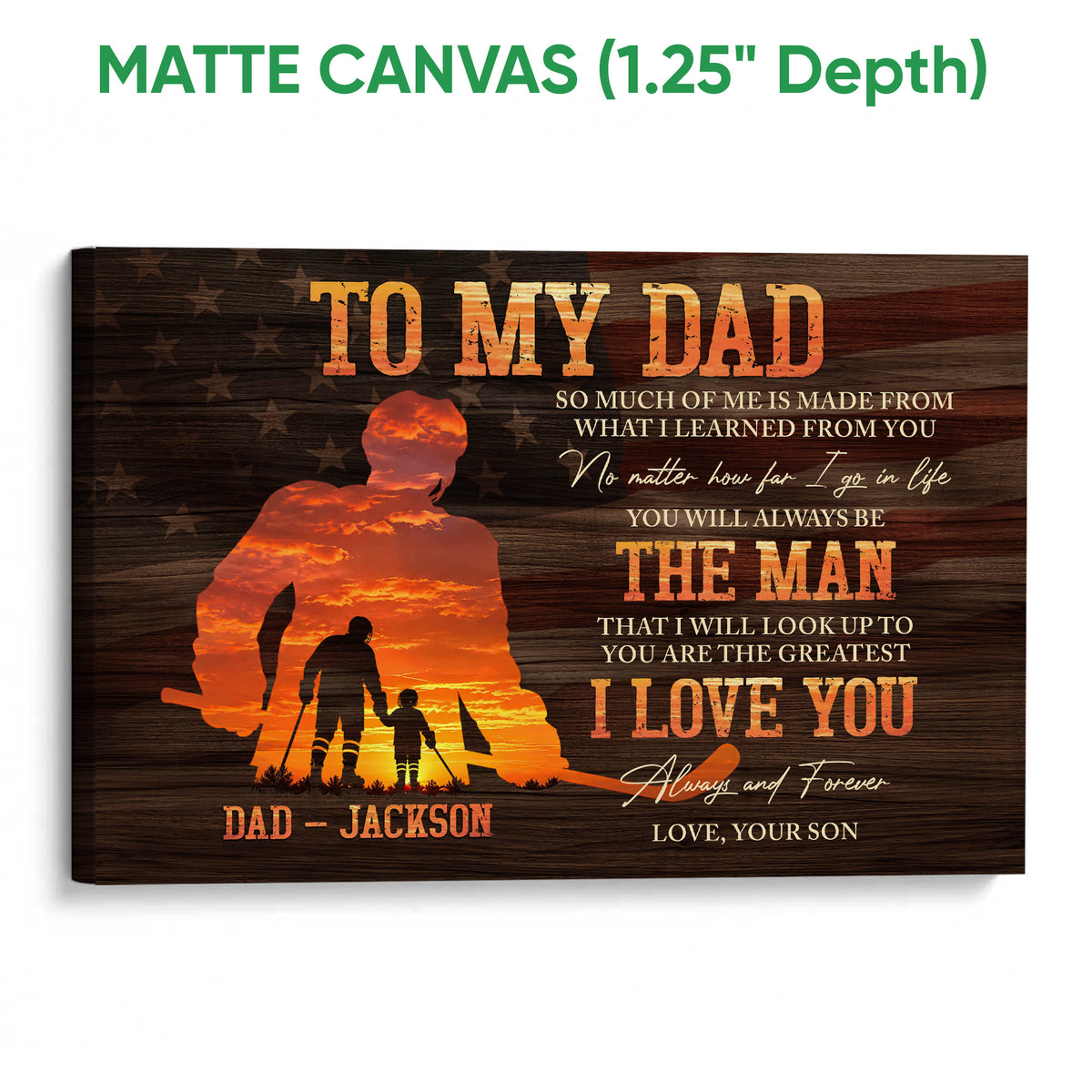 Matte canvas hockey wall art featuring a father and child silhouette in warm orange sunset tones