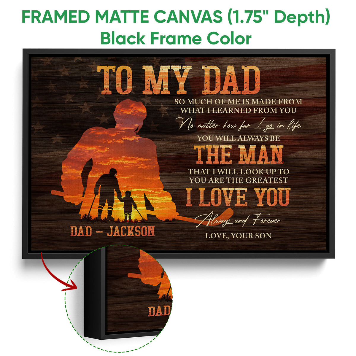 Black framed hockey canvas with father and child silhouettes and a rustic dark woodgrain design