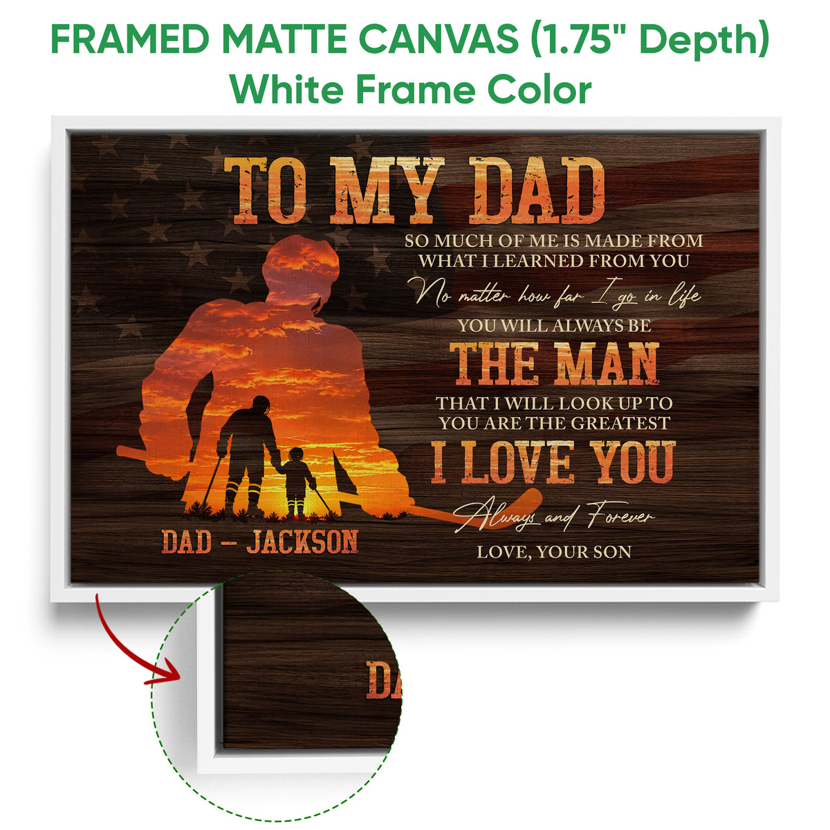 White framed hockey canvas featuring a father and child silhouette with warm sunset artwork