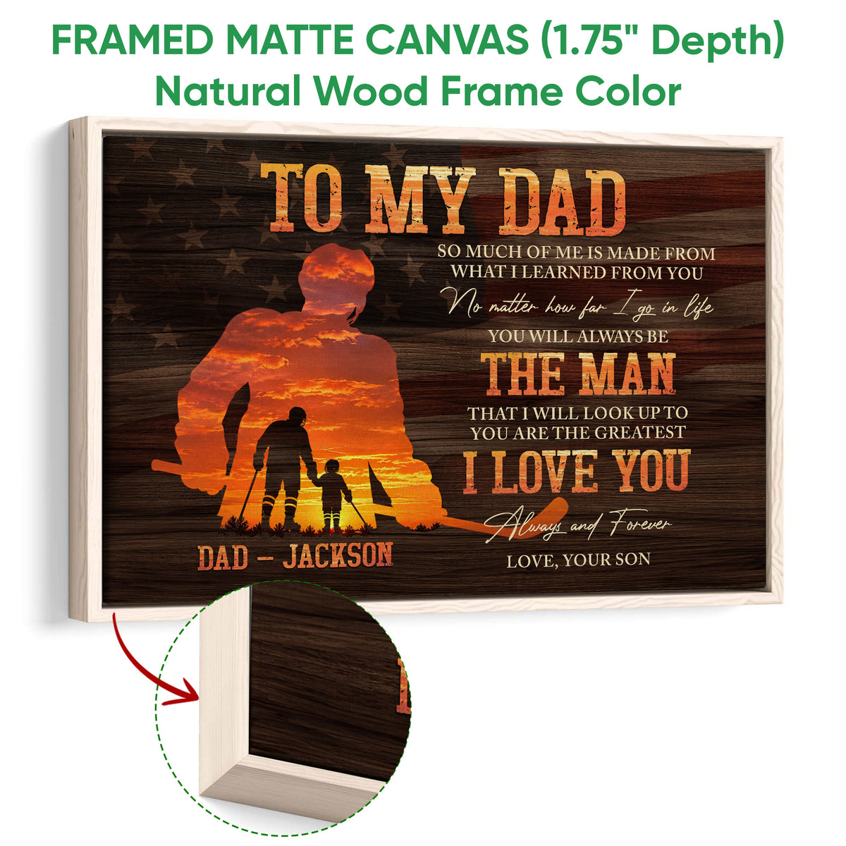 Natural wood framed hockey wall art with father and child silhouettes and a rustic sports theme