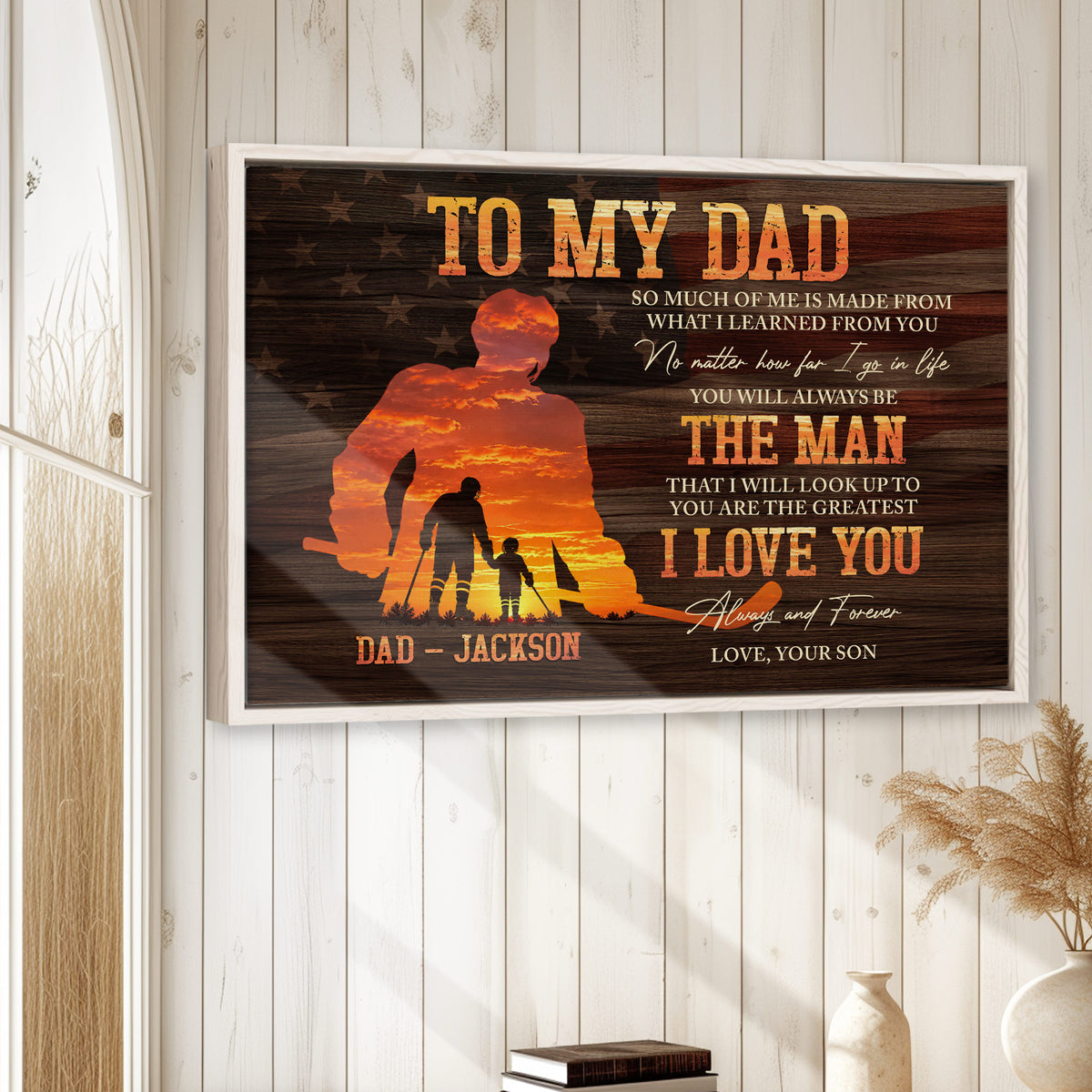 Framed hockey wall art displayed on a light wood wall in a bright rustic home setting