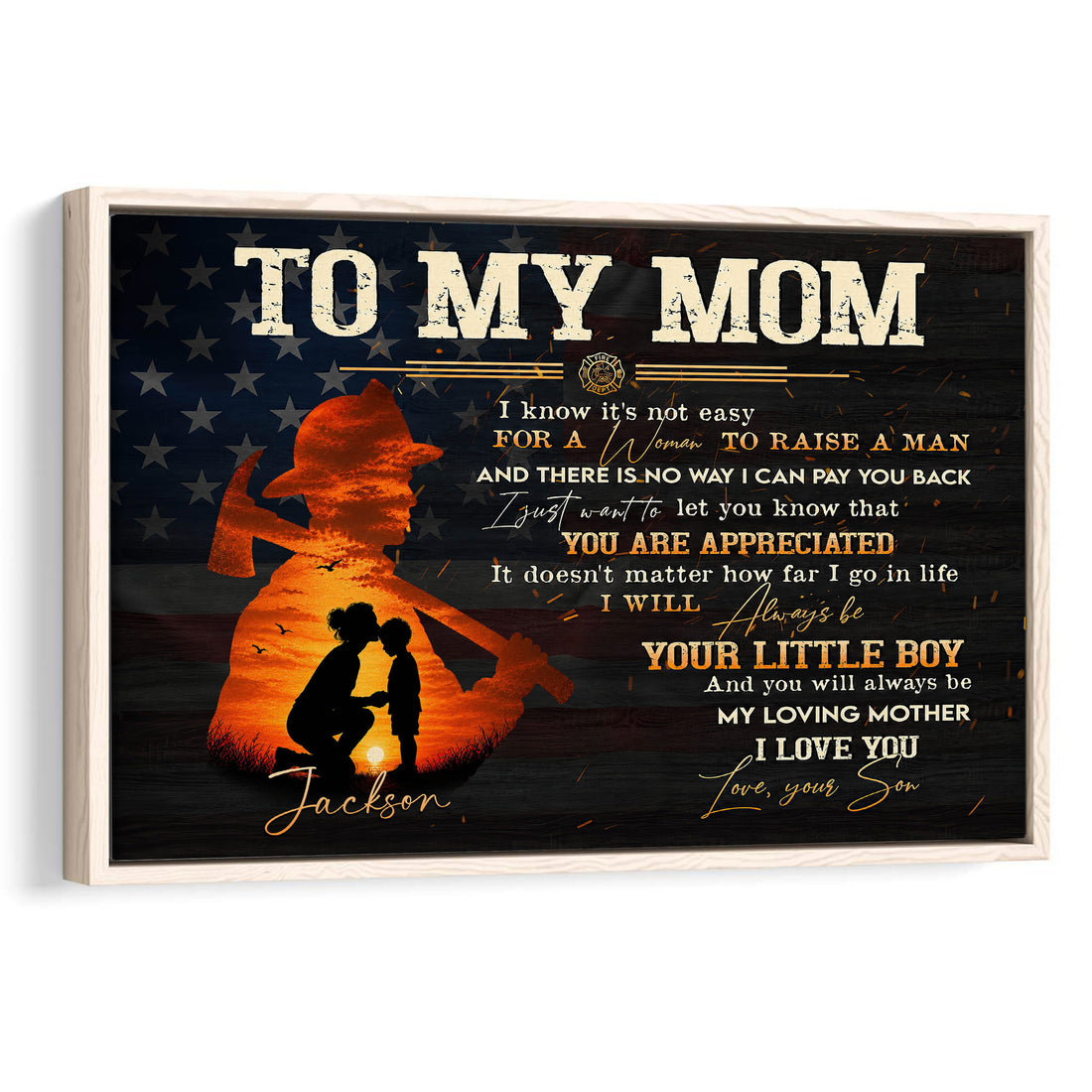 Framed firefighter wall art with a mother and child silhouette, stars, and a heartfelt family tribute