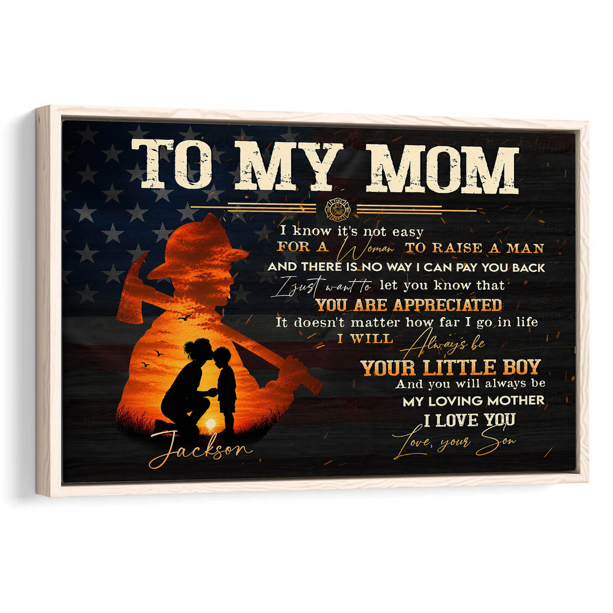 Framed firefighter wall art with a mother and child silhouette, stars, and a heartfelt family tribute