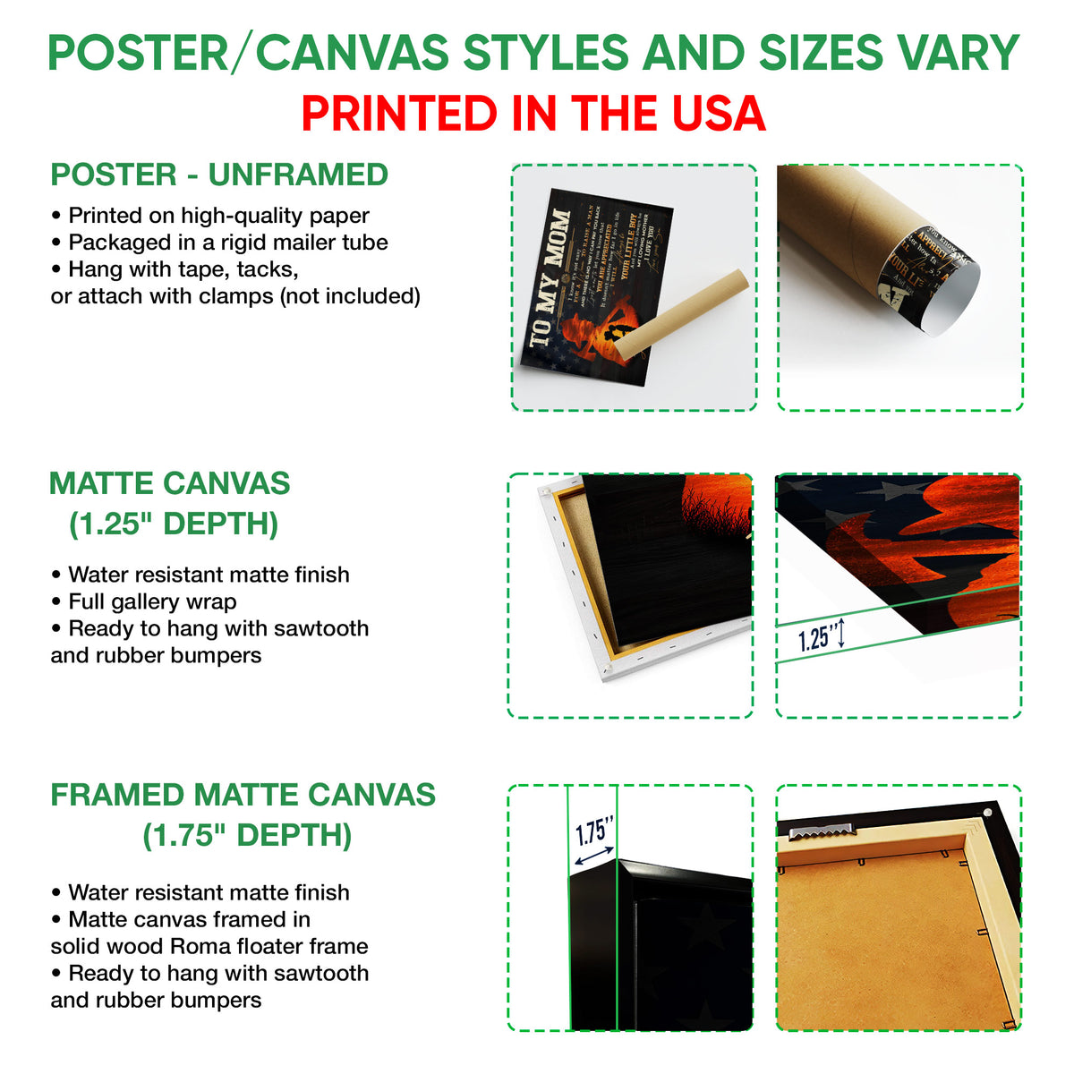 Poster and canvas wall art options guide showing unframed poster, matte canvas, and framed canvas formats