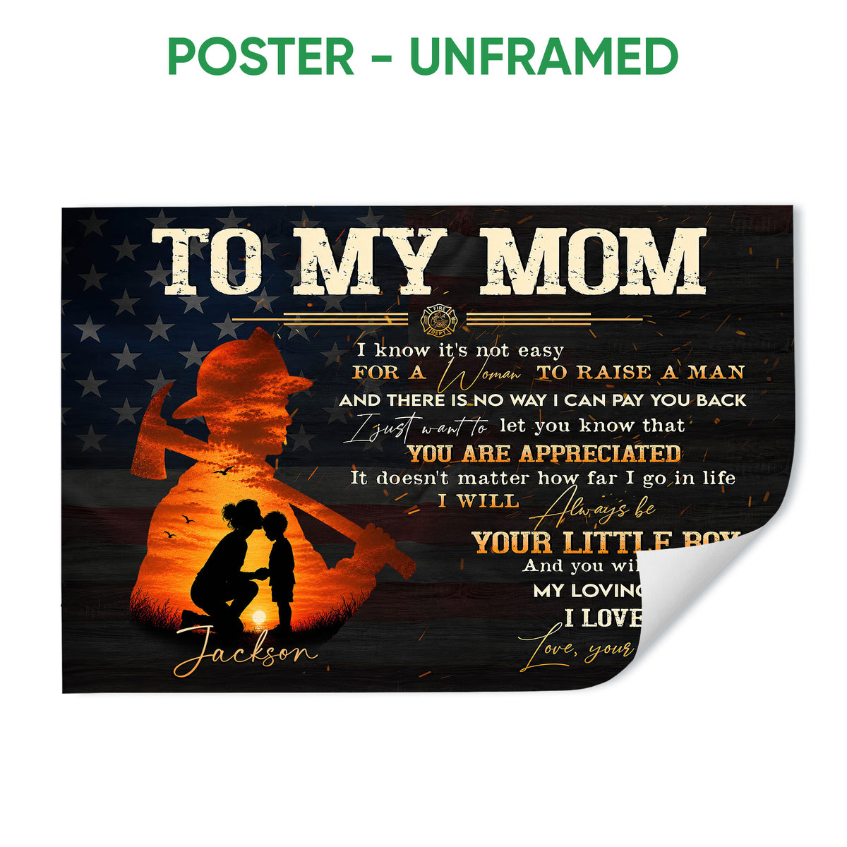 Unframed firefighter poster featuring a glowing fire service silhouette, stars, and mother and child artwork