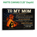 Matte canvas firefighter wall art with a distressed dark background, orange fire service silhouette, and family tribute