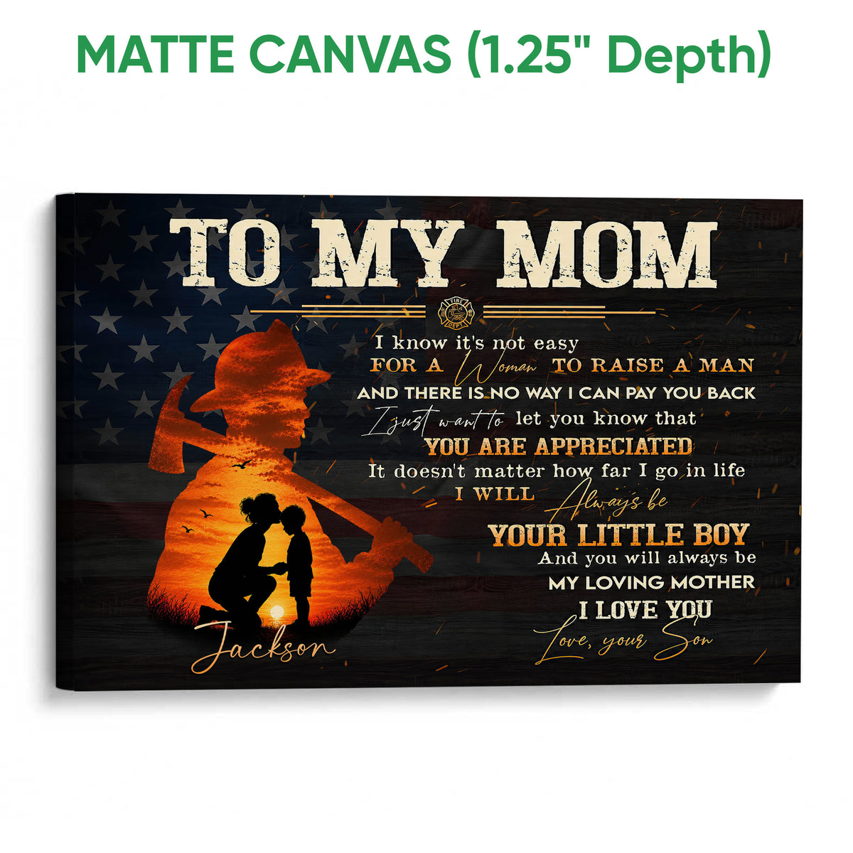 Matte canvas firefighter wall art with a distressed dark background, orange fire service silhouette, and family tribute