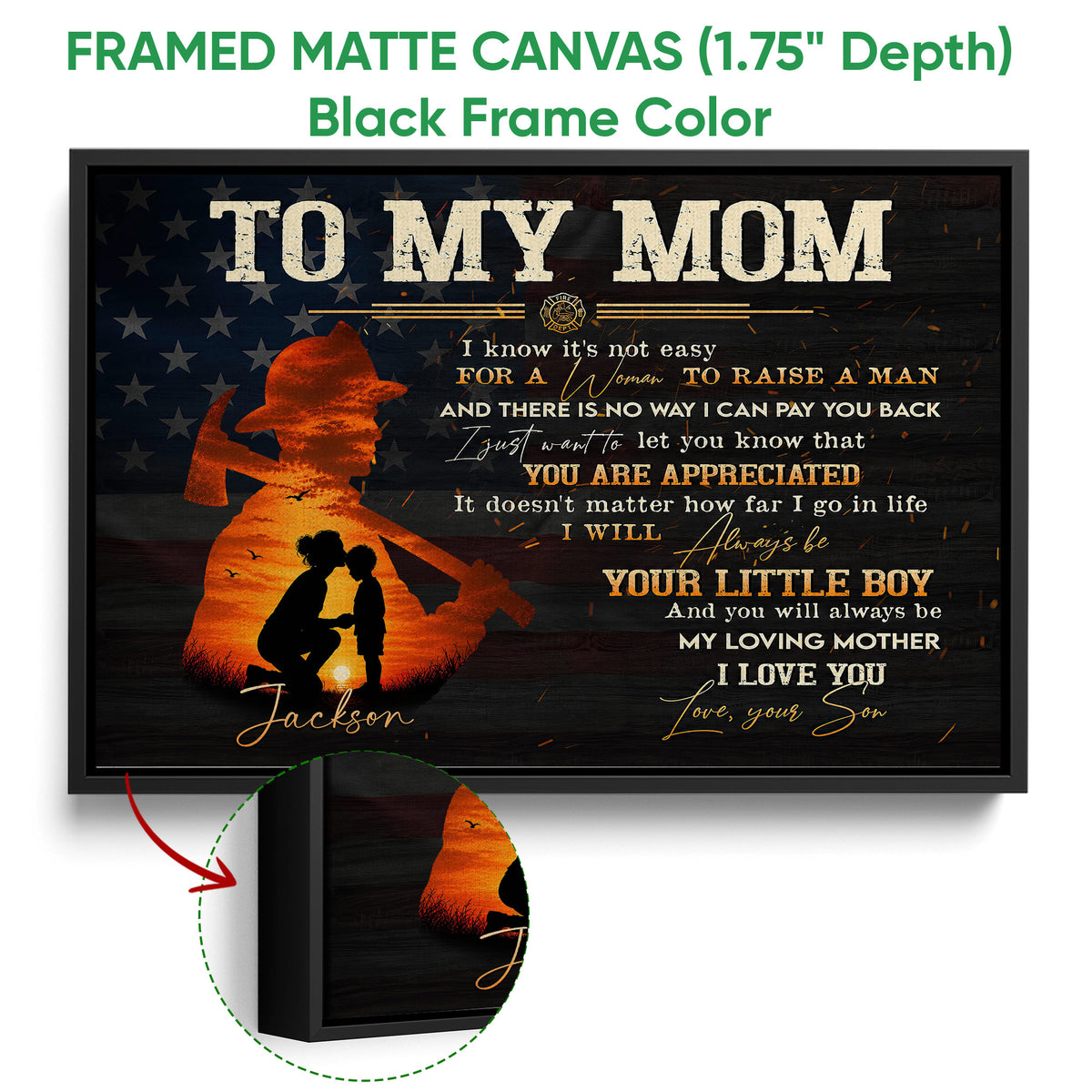 Black framed firefighter canvas wall art with a mother and child silhouette and patriotic star background