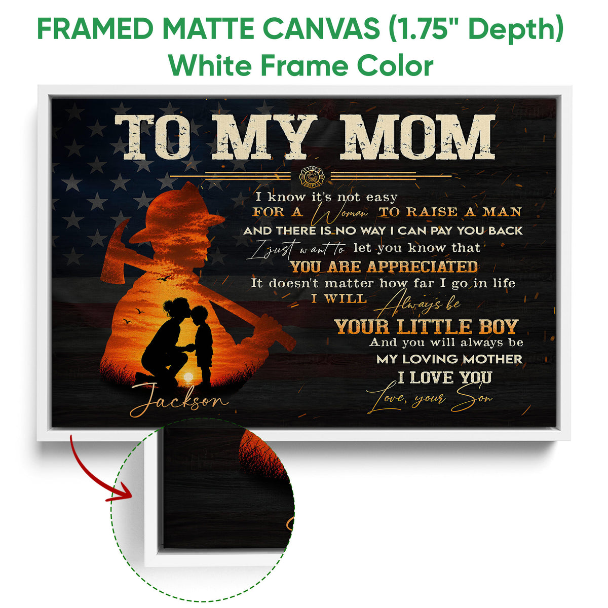 White framed firefighter canvas wall art featuring an orange fire service silhouette and heartfelt family message