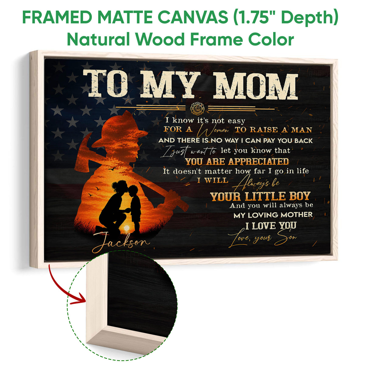 Natural wood framed firefighter wall art with glowing orange silhouette imagery and a mother and child tribute