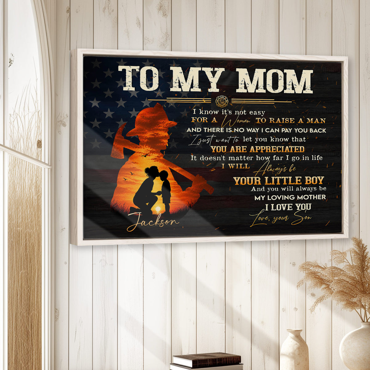 Firefighter family tribute wall art displayed in a bright home with white wood paneling