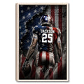 Framed football wall art showing a helmeted player from behind against a distressed American flag design