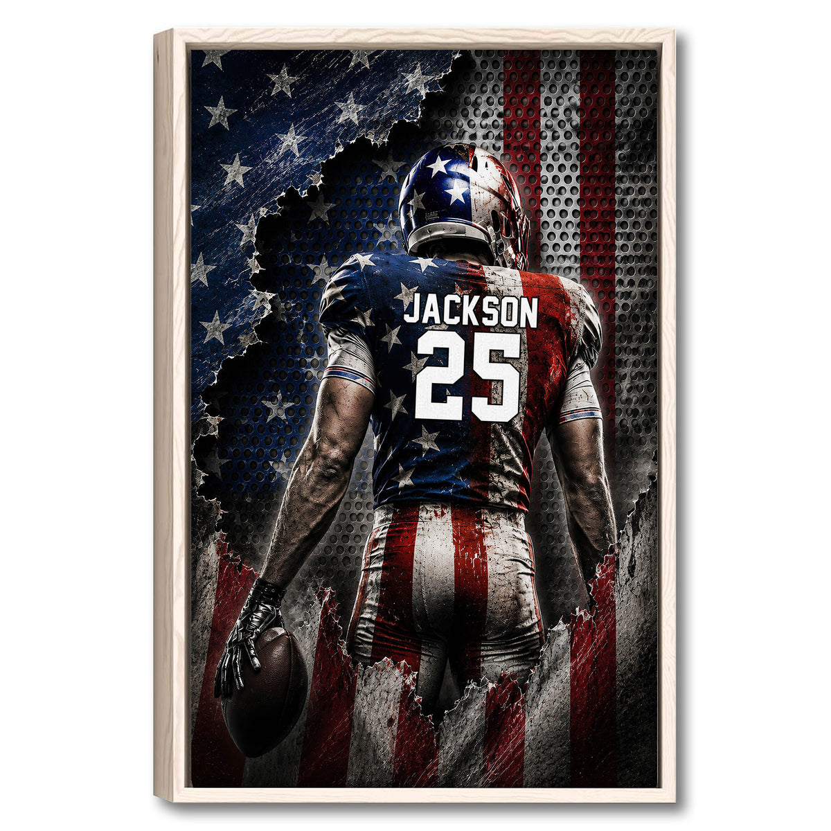 Framed football wall art showing a helmeted player from behind against a distressed American flag design