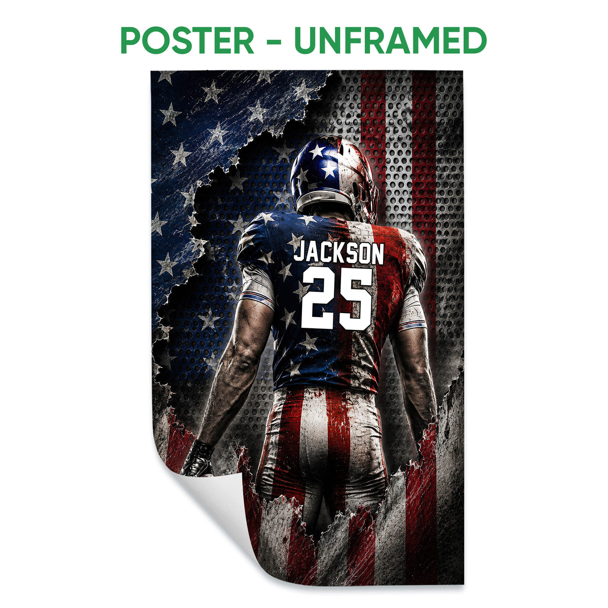 Unframed football poster featuring a helmeted player, football, stars, and distressed red, white, and blue artwork