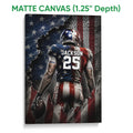 Matte canvas football wall art featuring a helmeted player and distressed American flag inspired background