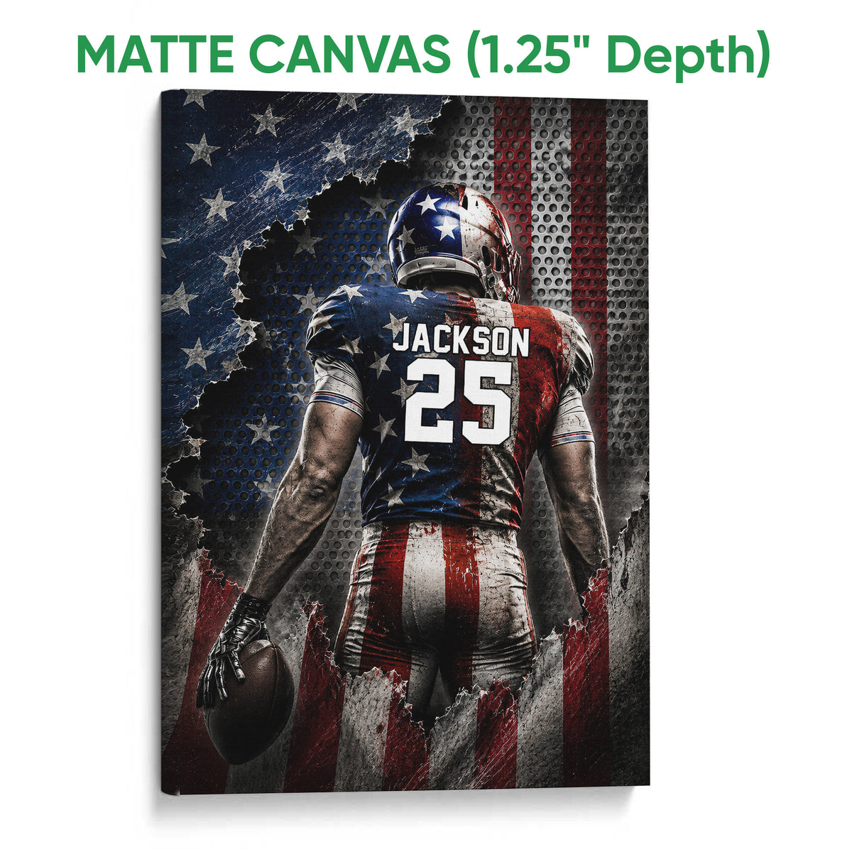 Matte canvas football wall art featuring a helmeted player and distressed American flag inspired background