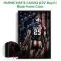 Black framed football canvas wall art with a helmeted player, football, stars, and bold patriotic colors