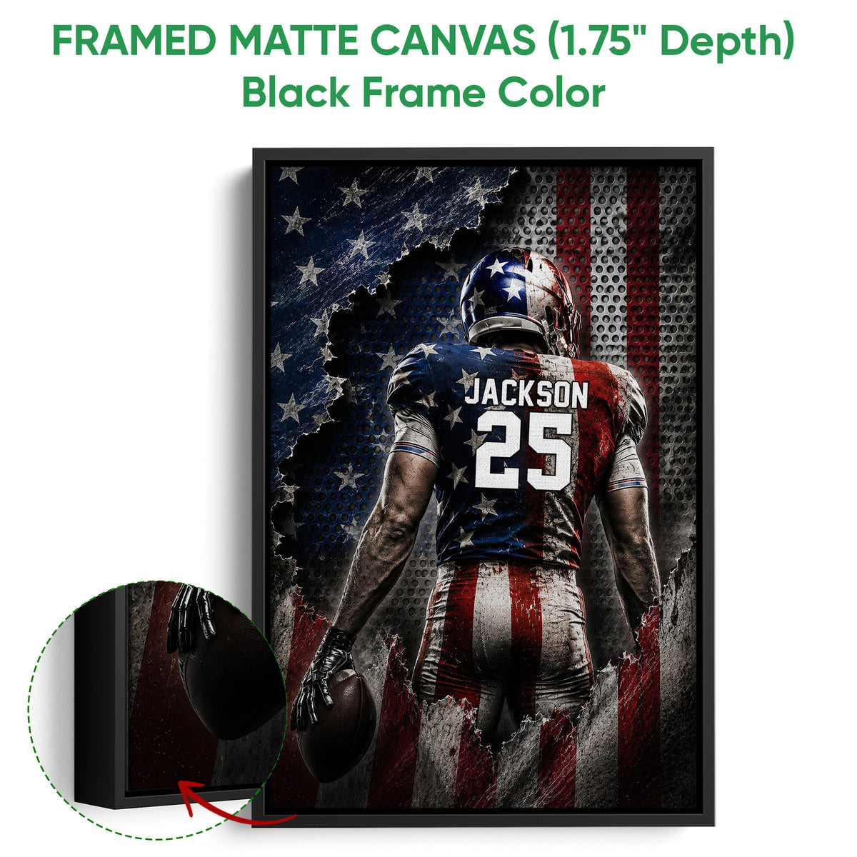 Black framed football canvas wall art with a helmeted player, football, stars, and bold patriotic colors