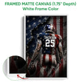 White framed football canvas wall art featuring a helmeted player against a distressed red, white, and blue background