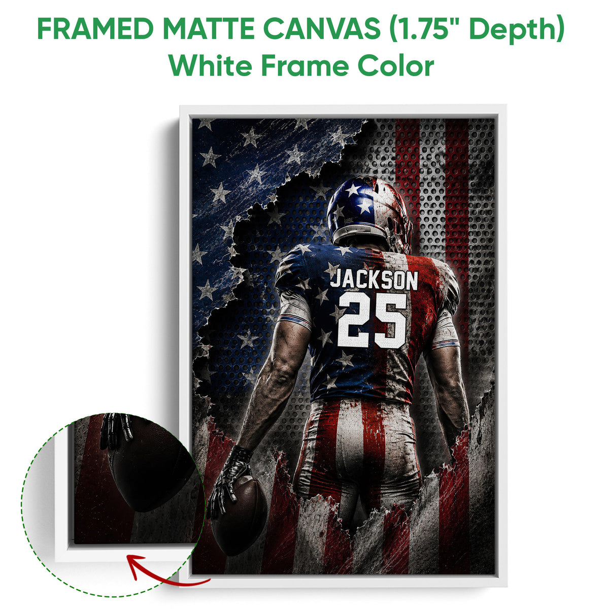 White framed football canvas wall art featuring a helmeted player against a distressed red, white, and blue background