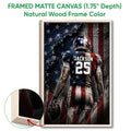 Natural wood framed football wall art featuring a helmeted player and distressed stars and stripes design