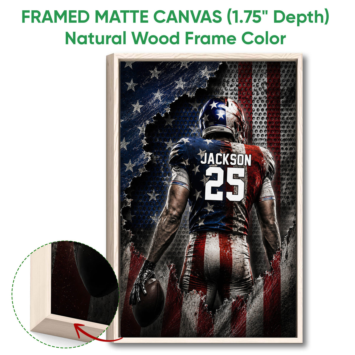 Natural wood framed football wall art featuring a helmeted player and distressed stars and stripes design
