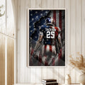 Football wall art displayed in a bright room with white wood paneling and natural wood framed presentation
