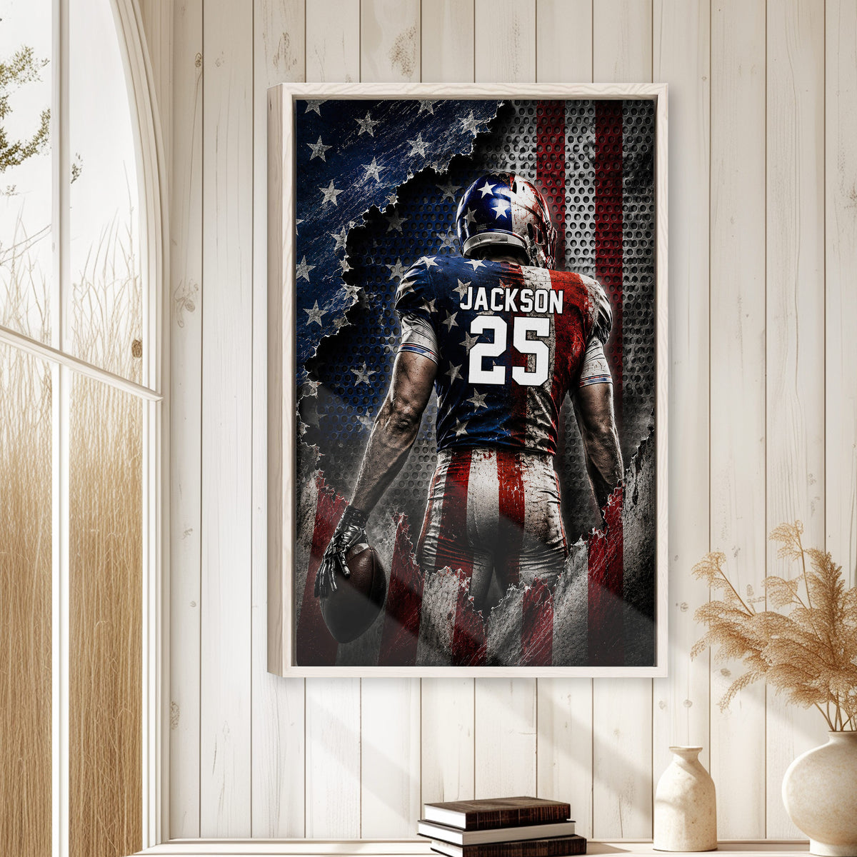 Football wall art displayed in a bright room with white wood paneling and natural wood framed presentation