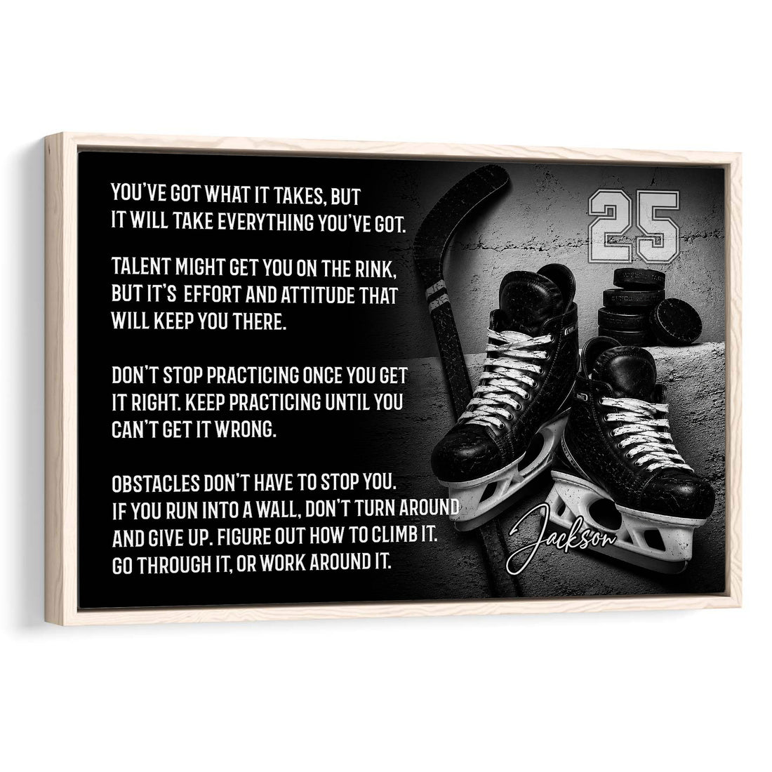 Framed hockey wall art featuring skates, hockey stick, pucks, and motivational sports typography