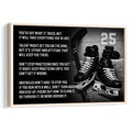 Framed hockey wall art featuring skates, hockey stick, pucks, and motivational sports typography