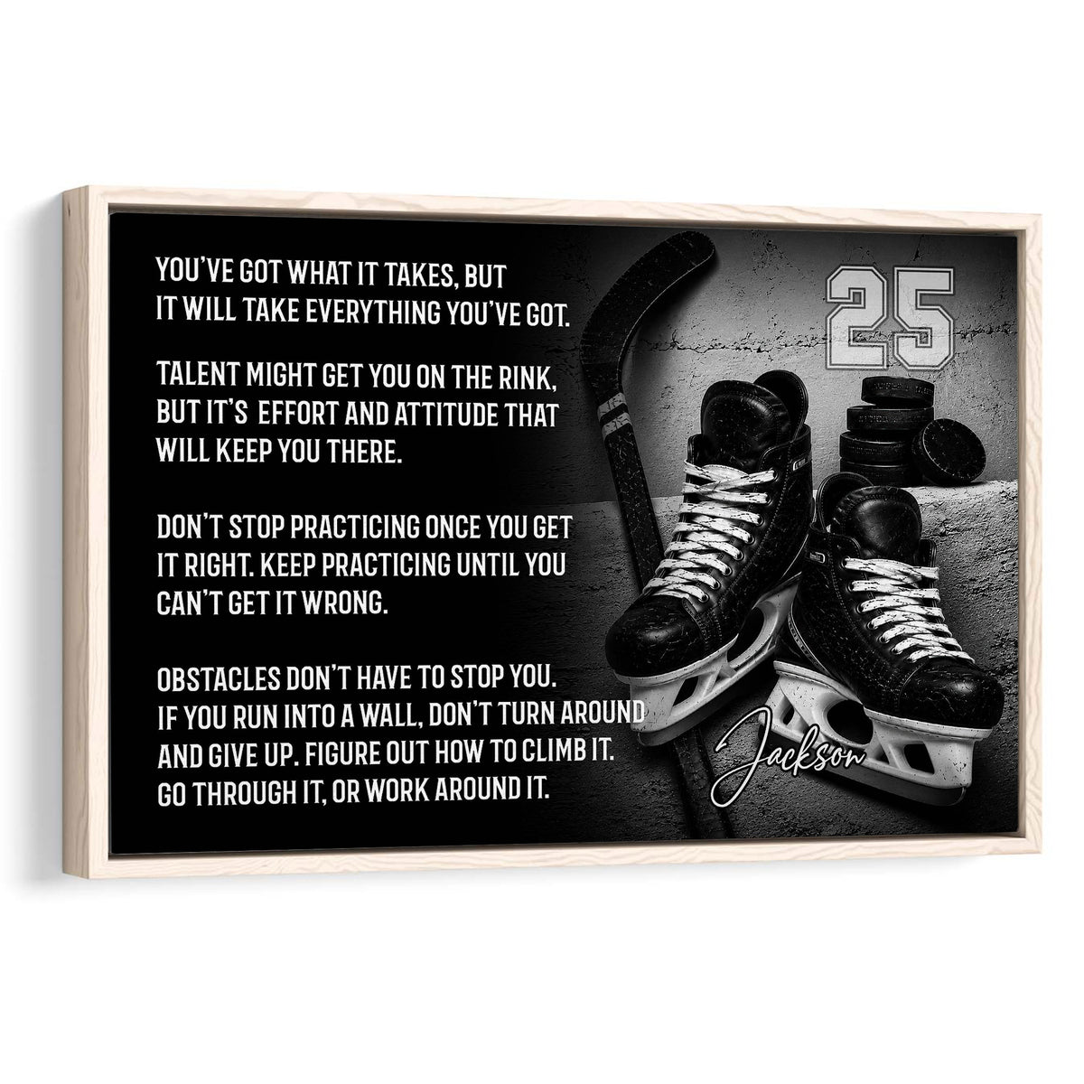 Framed hockey wall art featuring skates, hockey stick, pucks, and motivational sports typography