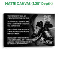 Matte canvas hockey wall art with skates, hockey stick, pucks, and bold motivational design