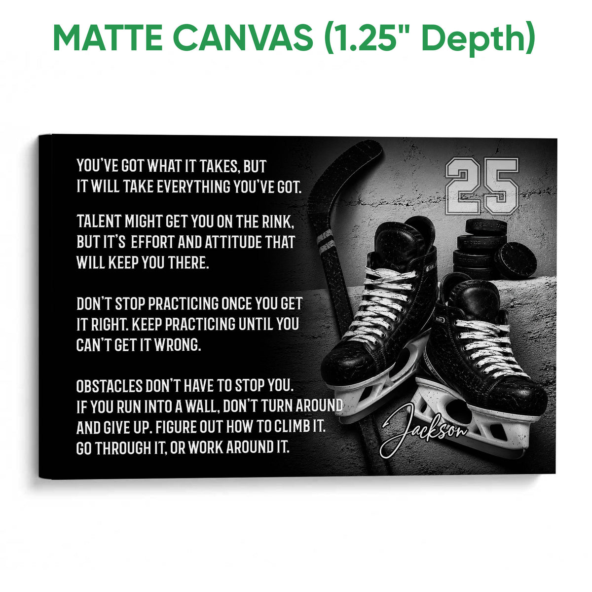 Matte canvas hockey wall art with skates, hockey stick, pucks, and bold motivational design
