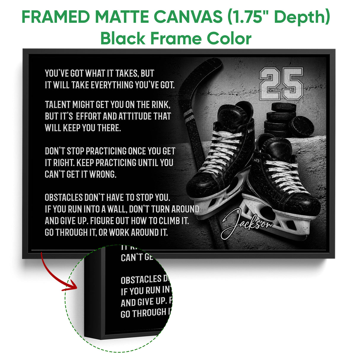 Framed hockey canvas wall art shown with a black frame and close-up edge detail