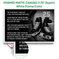 Framed hockey canvas wall art shown with a white frame and close-up edge detail