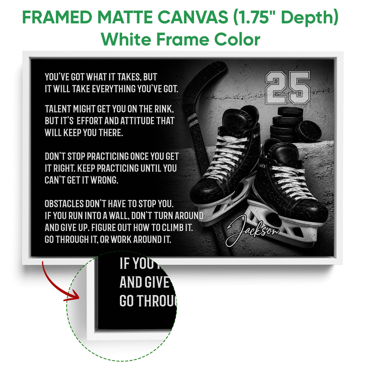 Framed hockey canvas wall art shown with a white frame and close-up edge detail