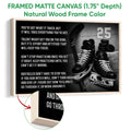 Framed hockey canvas wall art shown with a natural wood frame and close-up edge detail